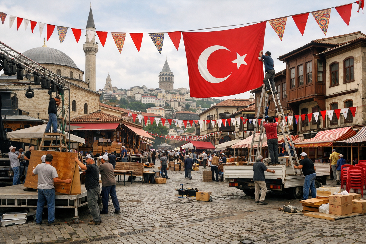 Turkiye'de bir sehir meydaninda etkinlik hazirliklari